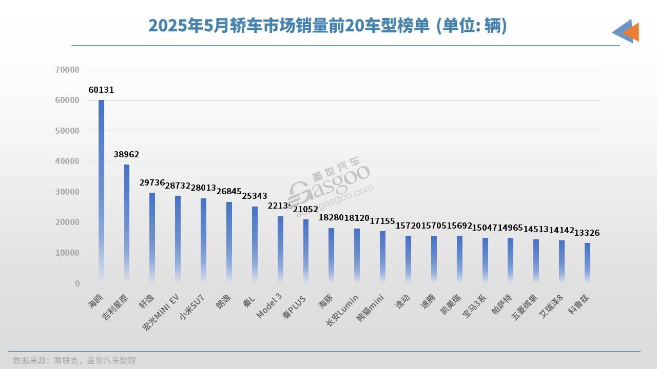 2025年5月轎車銷量TOP20：海鷗月銷破6萬，高端市場也有自主新&ldquo;王牌&rdquo;
