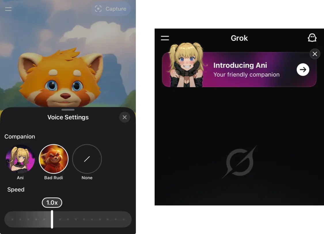 ▲目前 Grok 首頁有推廣，在 Grok Voice 設置也可以直接選擇 AI 伙伴進行對話。